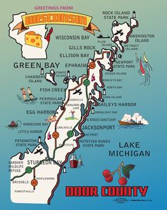 an illustrated map of the state of michigan with its roads and towns in red, white, and blue