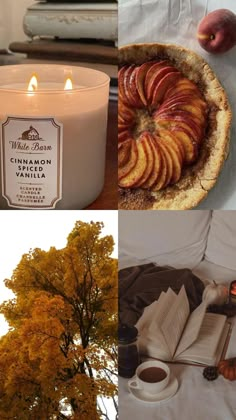 four different pictures with apples and candles in them