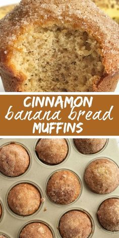 cinnamon banana bread muffins in a muffin tin with the title above it