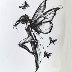 a black and white drawing of a fairy with butterflies