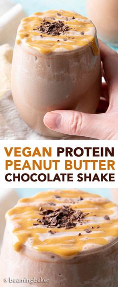 a person holding a chocolate shake with peanut butter on top and the text vegan protein peanut butter chocolate shake