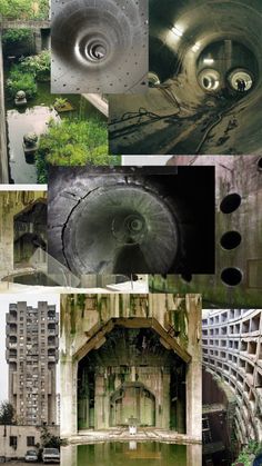 many different images of an abandoned building and its surrounding water features are shown in this collage