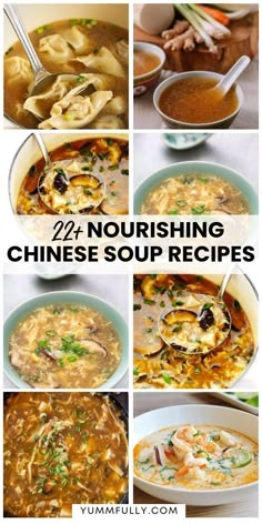 different types of soups are shown with the words, nourishing chinese soup recipes