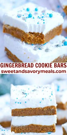 gingerbread cookie bars with white frosting and blue sprinkles on top