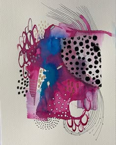 an abstract painting with pink, blue and black colors on white paper that has circles and dots all over it