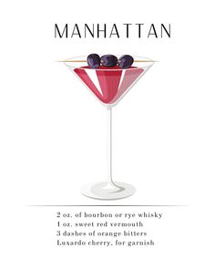 Looking for that final piece to complete your bar cart? This timeless Manhattan cocktail artwork is both cute and functional. You will never have to Google a cocktail recipe again. This product is available for an instant download and scaled for a perfect 8x10 size. Just purchase, print, and frame. Grab your friends and a round of Manhattans for all! Manhattan Recipe, Bartender Drinks Recipes, Manhattan Art, Bartender Drinks, Manhattan Cocktail, Cocktail Illustration, Yummy Alcoholic Drinks, Bar Cart Art, Cocktail Book