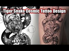 two tattoos that have different designs on their arms and legs, with the words tiger and snake