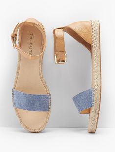 Ivy Ankle-Strap Espadrille Flats - Chambray & Pebbled Leather | Talbots Espadrille Flats, Casual High Heels, Insta Ideas, Street Shoes, Diy Shoes