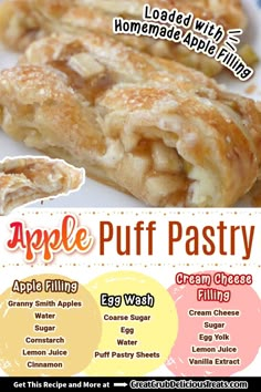 an advertisement for apple puff pastry with information about the ingredients and how to use it