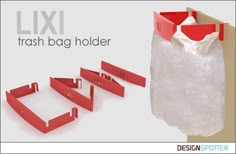 an advertisement for a trash bag holder with red handles and plastic bags attached to it