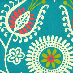 a blue and green floral print fabric with white, red, and green flowers on it