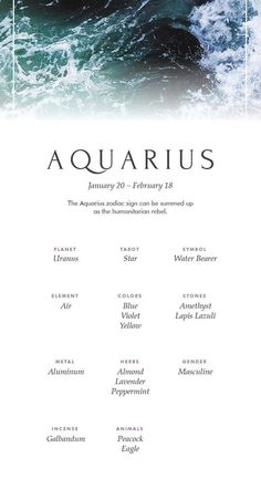 a poster with the words aquarius written in white and blue on it, along with an image of waves