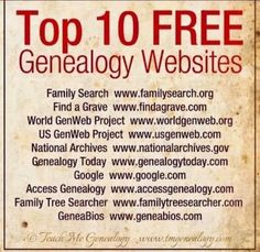 a sign that says top 10 free genealogy websites on it's side