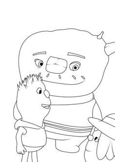 an adult and child are standing next to each other in front of a cartoon character