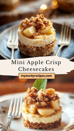 mini apple crisp cheesecakes on a plate