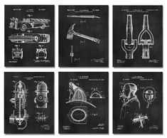 four black and white drawings of different types of machines