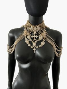 Party Bridal Necklace With 17 Jewels And Crystal, Wedding Necklaces With Rhinestones, Gold Body Jewelry With Jewels For Party, Elegant Gold Crystal Necklace With Jewels, Gold Clavicle Chain Body Chain For Wedding, Party Costume Jewelry Bridal Necklace, Formal Gold Crystal Backdrop Necklace, Glamorous Gold Crystal Body Chain, Elegant Gold Crystal Necklaces