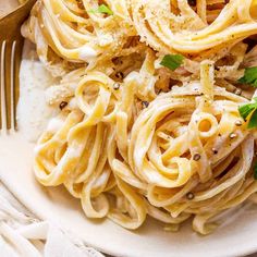 a white plate topped with pasta and parmesan cheese