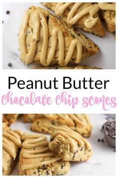 peanut butter chocolate chip scones with frosting on top and in the background are cookies