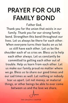 the prayer for our family bond is shown in black and white with an orange background