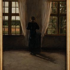 a painting of a woman standing in front of a window