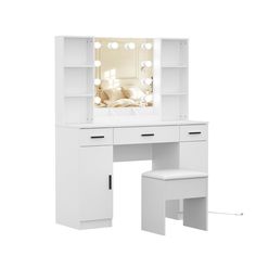 a white desk with a mirror, stool and lights on it in front of a white background