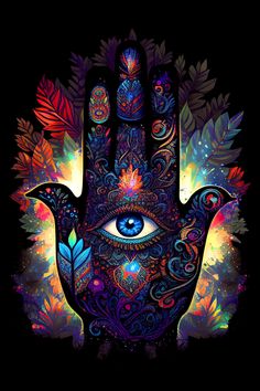 a hand with an all seeing eye surrounded by flowers and leaves on a black background