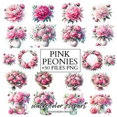 pink peonies and other flowers in vases with watercolor clipart on them