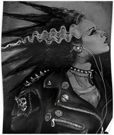 a black and white drawing of a woman with dreadlocks on her head, wearing a leather jacket