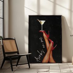 a painting of a woman's legs in high heels with a martini glass on it