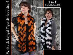 Bengal Tiger Striped Faux Fur Scarf CROCHET PATTERN PDF Instant Download. These faux fur tiger striped patterns will make you purr with delight. They are wild accessories for both dressing casual or dressing up. This pattern includes: ~ Bengal Tiger Striped Scarf ~ White Tiger Striped Scarf Skill Level: Easy, though working with fur is challenging. Stitches Used: Chain, Double Crochet The pattern includes charts, written instructions, lots of photos, checkboxes to mark your progress and more. Th Scarf Crochet Patterns, Crochet Stripe Scarf, Crochet Tiger, Scarves Crochet, Fur Animal, Crochet Fun, Faux Fur Scarves, Eyelash Yarn, Animal Print Scarf