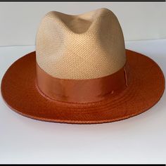 Christian Courture Two Tone Fedora Hat , An Original Panama Hat Made In Ecuador ! Classic Brown Wide Brim Straw Hat, Straw Fedora Hat, Straw Fedora, Fedora Hats, Fedora Hat, Hat Making, Ecuador, Panama Hat, Color Orange