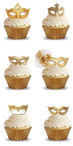 six cupcakes with golden masks on them