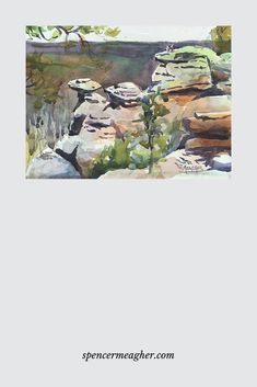 a watercolor painting of rocks and trees