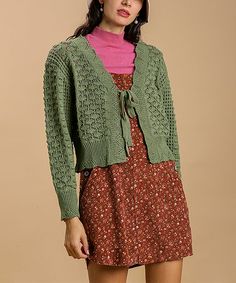 Olive Eyelet-Lace Crop Cardigan - Women. Eyelet lace gives this cropped cardigan eye-catching texture and a tied front keeps it secure. Size S: 25'' long from high point of shoulder to hem60% cotton / 40% acrylicMachine wash Imported Granola Fits, Work Outfits Business Casual, Groovy Clothes, Bright Aesthetic, 23 Style, Fall 2023 Fashion, Emma Style, Sequin Cardigan, Funky Style