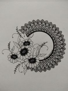 a black and white drawing of flowers in the middle of a half circle with leaves on it