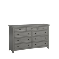 a gray dresser with six drawers and two doors