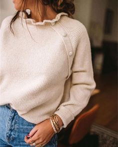 Fashion, Style & Inspiration Long Sleeve Sweaters, Button Decor, Button Up Sweater, Button Long Sleeve, Lotus Leaf, High Neck Sweater, Cardigan Outfits, Women's Sweaters, A Poem