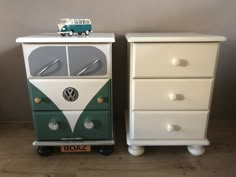 two white and green dressers sitting next to each other on top of a wooden floor