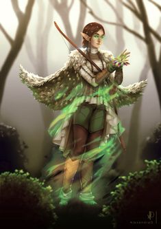 an illustration of a woman in the woods holding a bow and arrow with green light coming from her hands