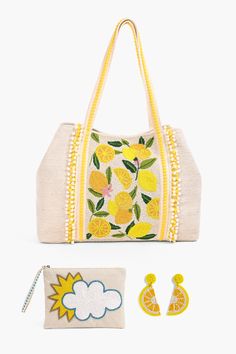 Say hello to Sunshine! Make Lemonade tote is beautifully hand-beaded with lemons in bright and butter yellow.It has Fully Lined Interior with Zip Pocket,handwoven jacquard backing and Double Shoulder Straps for comfort. Perfectly paired with Believe in Blue Skies - Embellished Clutch Bag. This Clutch has top zip closure,Lined interiors and attached Wrist let. The Lucky Lemon Earrings are so adorable, you will reach out for them again and again.The lemon yellow beads are strung together by hand t Embellished Clutch, Woven Tote Bag, Boho Bag, Clothing Labels, Lemon Yellow, Hand Beading