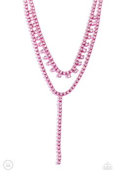 Featuring a sleek electric pink square-fitting chain, glittery strands of white rhinestones stream around the collar, with sporadically stacked pairs of rhinestones added in for a refined flair. An elongated strand of white rhinestones encased in similar electric pink square fittings layers below with an extended stream of rhinestones cascading from a solitaire rhinestone, creating a statement. Features an adjustable clasp closure. Sold as one individual choker necklace. Includes one pair of mat Latest Jewellery Trends, Mobile Boutique, Pink Square, Rhinestone Choker Necklace, Rhinestone Choker, Pink Necklace, Paparazzi Accessories, White Rhinestone, Latest Jewellery