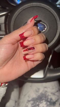 White French Tips With Red Rhinestones, Red French Tip Nails Square With Gems, Prom Nails Acrylic Red Dress, Red Nail For Prom, Red French Sparkle Nails, Red Rhinestone Nails Short, Nails That Go With Red Dresses, Nails Prom Red Dress, Cute Red Prom Nails