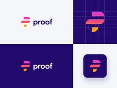 the logo for proof is shown in three different colors and shapes, including pink, purple,