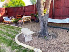 a tree in the middle of a yard next to a bench and bed with mattresses on it