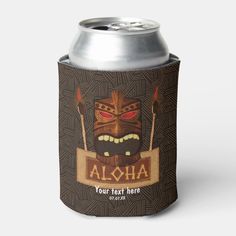 a can cooler with an image of a tiki on it