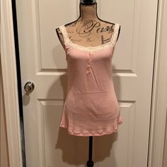 Lace Trimmed Tank In Pink, 3 Button In Front. 65% Polyester, 35% Cotton. Casual Pink Tank Top With Lace Trim, Feminine Pink Tank Top With Lace Trim, Feminine Pink Lace Tank Top, Pink Lace Trim Tank Top, Stretch Pink Lace Trim Tank Top, Lace Trim Tank Top, Small Tank Tops, Orange Tank Top, Silk Tank Top