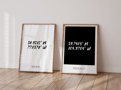 two framed posters sitting on top of a wooden floor