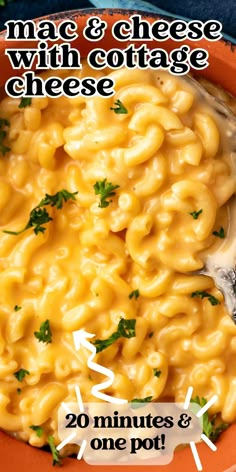 macaroni and cheese with cottage cheese in an orange bowl