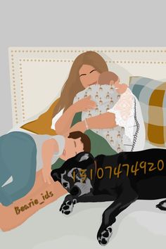 a woman laying in bed next to a black dog and a man holding a baby